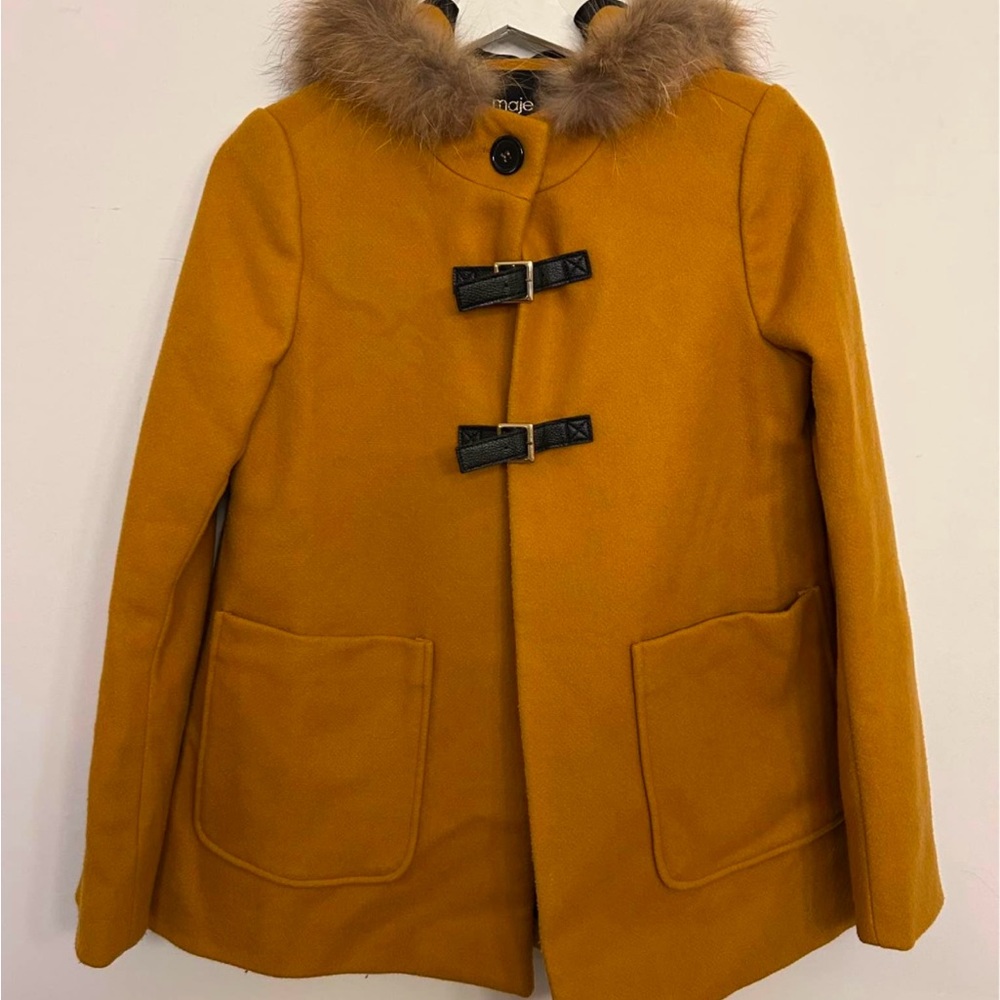 Maje Mustard Yellow Toggle Coat with real Fur Collar